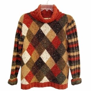 B. MOSS Argyle Tweed Striped Wool Blend Chunky Turtleneck Sweater Medium Y2K EUC